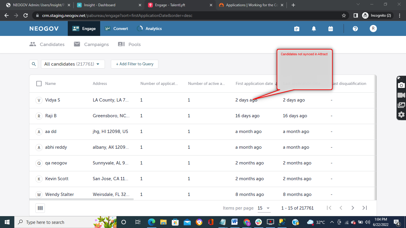 Image 1 of 7 in gallery section. Image title is Candidates not synced in Attract.